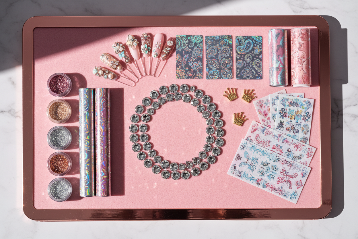 Vibrant luxurious nail art flat lay